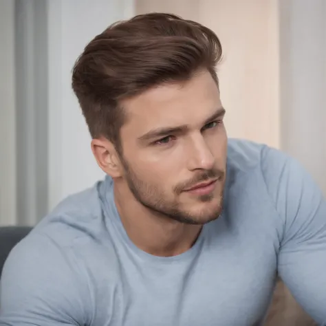 Mann mit langen braunen Haare und Vollbart , maskulin und robust, sexy masculine, Shirt, Sitzend auf Stuhl, Portrait,  masculine and beautiful, Strong masculine traits,  Er ist ein Rockstar, The extremely hot and sexy, Attraktives Mann, Hose, hintergrund s...