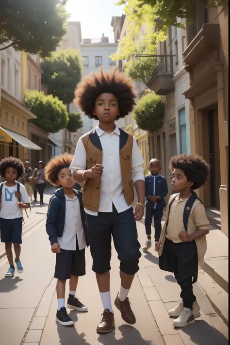 Capture a Pre-Raphaelite-inspired scene of a tween boy with expressive, almond-shaped eyes and a natural afro, dressed in contemporary urban explorer clothing, as he guides a group of kids on an interactive, sunlit street photography tour, capturing the di...