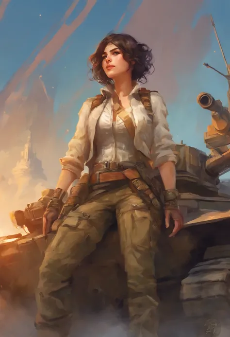 Highest quality, (dramatic lighting:0.7), masterpiece, high angle shot, RAW photo of (pale 21 year old woman with short hair, looking up at the viewer), cute, (wearing Tattered combat fatigues, Disheveled), (sitting inside a tank), portrait, perfect face, ...