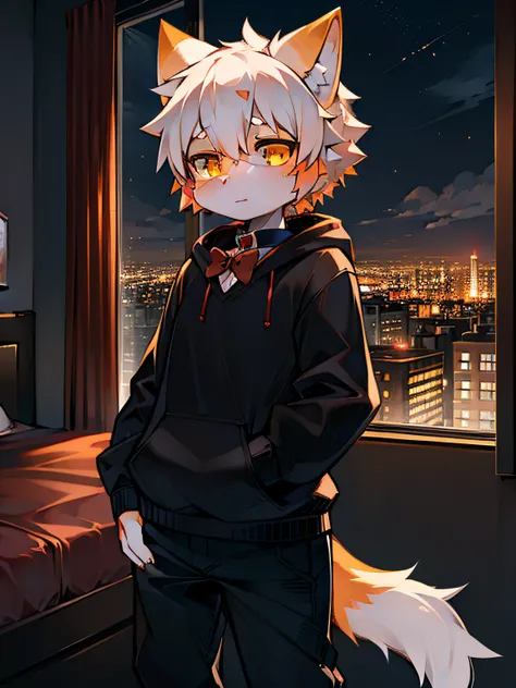 solo, kemono, femboy, orange and white hair, yellow eyes, wear black hoodie, wear black pants, wear red bow tie, standing at bedroom, big window behind, city background, night time, high time