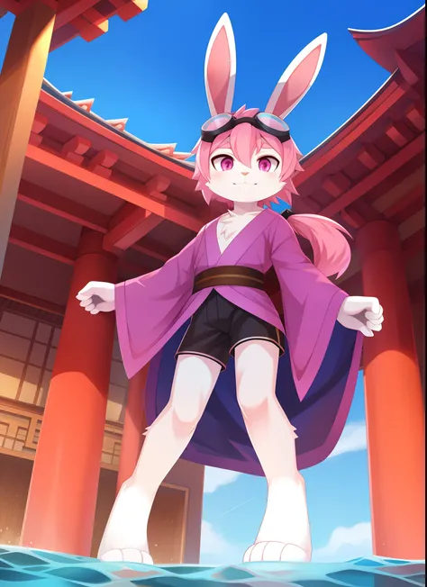 Furry shota, rabbit, long rabbit ears, pink hair, long spiky ponytail, spiky hair, detailed body fur, Pink eyes, purple kimono, close kimono, black swim trunks, goggles, masterpiece, looking at you, white body fur, detailed face, big eyebrows, detailed eye...