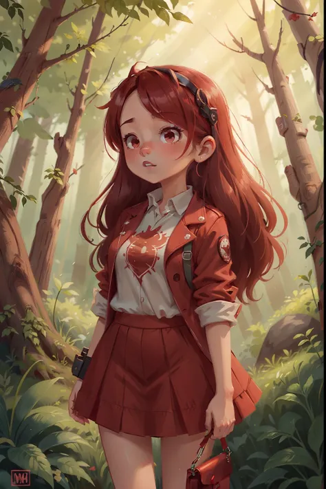 Feminine Character with red color scheme, young adult, interesting outfit, supernatural powers,interacting with forest background