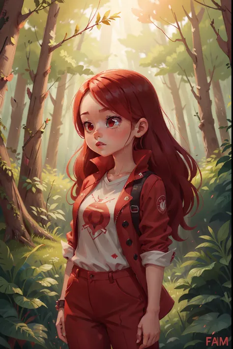 Feminine Character with red color scheme, young adult, interesting outfit, supernatural powers,interacting with forest background