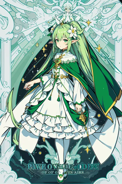 Anime girls wear green dresses，Long hair and green cape, full body adoptable, character adoptable, cute anime waifu in a nice dress, pretty anime character design, !!Full body portrait!!, elf girl wearing an flower suit, humanoid flora, anime full body ill...