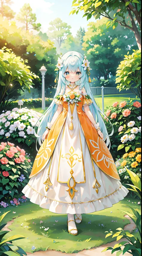 ((The human))、full body Esbian、Woman in white and orange dress reminiscent of the sun、Fluffy dresses、Thrill Dresses、Stroll through the gardens illuminated by soft sunshine。For a beautiful face、Brightly colored eyes。length hair、Fluffy hair、Wearing intricate...