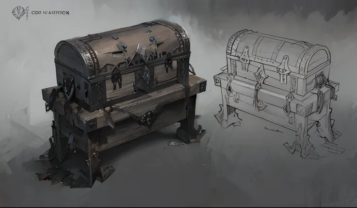 sketch of a box and a wooden box, object concept art, chest, ultra detailed concept art, highly realistic concept art, highly de...