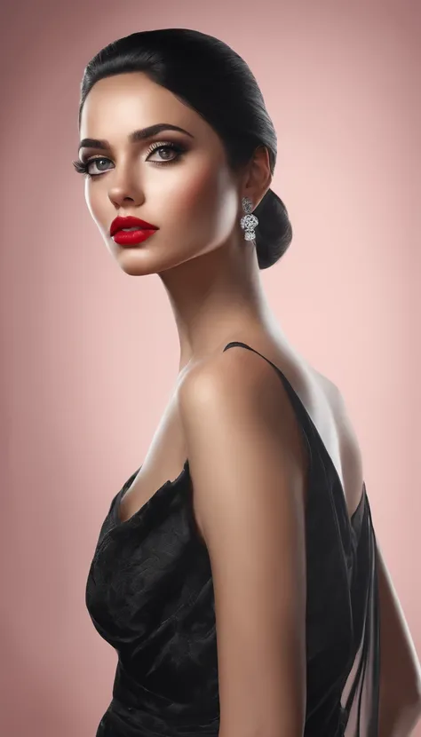 (Best Quality,highres:1.2),A highly detailed,(Realistic,Realistic Photos,Realistic Photos:1.37),whitebackground, 1girl, Beautiful detailed black eyes, Beautiful black hair detailed, Highly detailed oily skin, black dress, Bright red lips