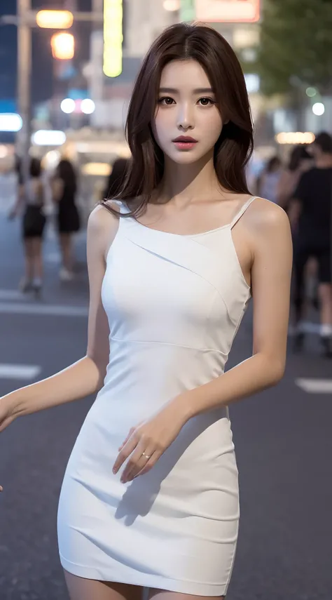 ((Realistic lighting, Best quality, 8K, Masterpiece: 1.3)), Clear focus: 1.2, 1girl, Perfect body beauty: 1.4, Slim abs: 1.1, ((dark brown hair)), (White dress: 1.4), (Outdoor, night: 1.1), City Street, Super Fine Face, Fine Eyes, Double Eyelids, (Over the...