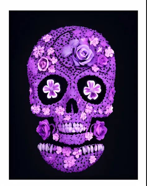 Purple sugar skull，Composed with flowers，Lateral face，Side skeletons