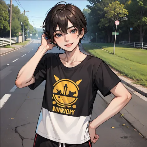 A young boy with，Short，Wear short sleeves，wear short shorts，Stand on the street，ssmile，squinty eyes，The background is next to a country road，4K，A high resolution