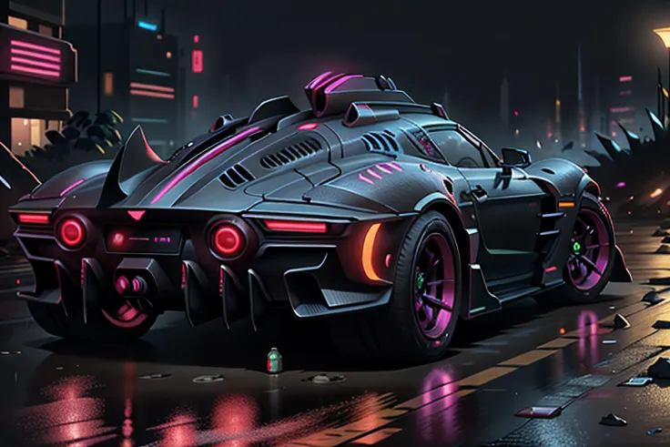 taldarimai sport car in cyberpunk street city at night neons rain fog, intricate, detailed