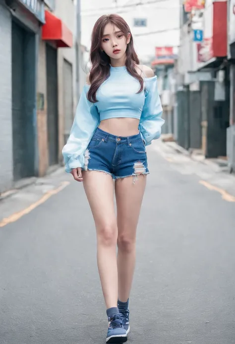 full body, kim chaewon in a bikini, 15yo, 15 years old korean petite young girl in a dark city street, dark creepy street, petite girl, small breast, petite figure, long light blue hair, ripped tight crop top shirt that expose midriff, ripped tight white s...