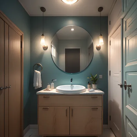 Washstand, Washbasin in front of you, Close to the camera floor,More low angle , More low angle , natta , Ceiling Lights, Washbasin in the apartment, ighly detailed (​masterpiece),