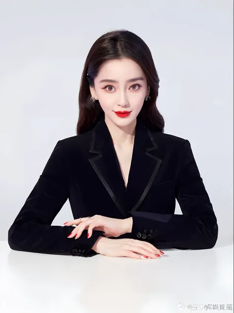 arad woman in black jacket and red lipstick poses for a photo, wearing a black noble suit, dilraba dilmurat, fan bingbing, li zi...