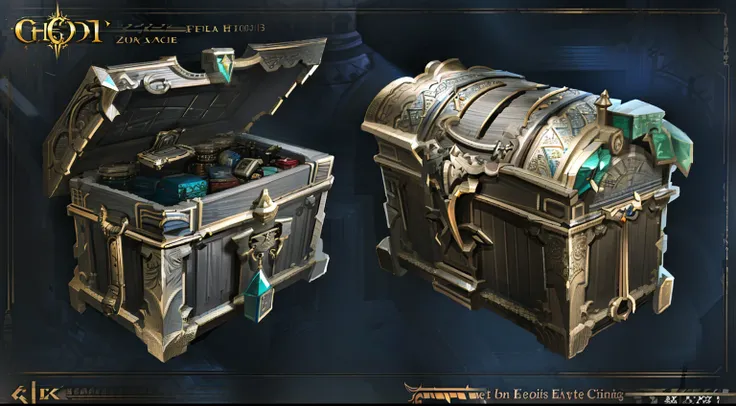 There are two chests，It has a gold and green design on it, polycount contest winner, object concept art, ultra detailed concept art, trending on polycount, highly detailed concept art, game assets, detailed conceptual drawing, chest, featured on polycount,...