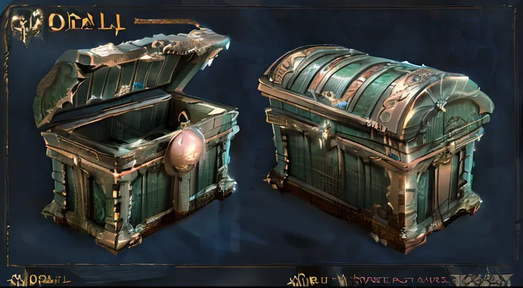 There are two chests,It has a gold and green design on it, polycount contest winner, object concept art, ultra detailed concept art, trending on polycount, highly detailed concept art, game assets, detailed conceptual drawing, chest, featured on polycount,...