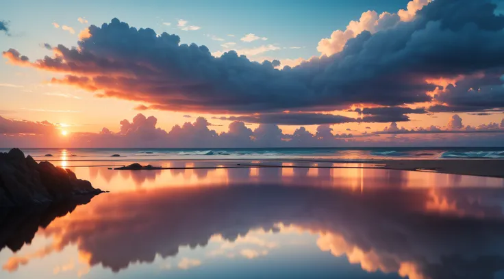 no humans, cloud, sky, reflection, outdoors, water, ocean, scenery, cloudy sky, sunset, horizon