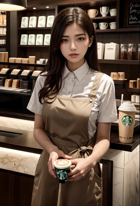 Alafard woman holding a cup of coffee at a Starbucks store, mysterious coffee shop girl, ( Waitress ) Girl, wearing rr diner uniform, wearing  shirt, Coveralls, girl in uniform, JK school uniform, Good morning, shirt, Handsome girl, elegant slim beige shir...