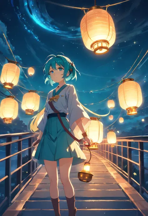 Anime girl holding glowing lantern in her hand, Big breasts Hatsune Miku, Anime girl with teal hair, nigh sky，starrysky, High quality anime art style, Anime moe art style, . 8K, in style of kyoto animation, style of anime4 K, anime wallaper, anime visual o...