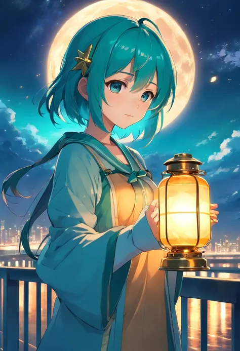 Anime girl holding glowing lantern in her hand, Big breasts Hatsune Miku, Anime girl with teal hair, nigh sky，starrysky, High quality anime art style, Anime moe art style, . 8K, in style of kyoto animation, style of anime4 K, anime wallaper, anime visual o...