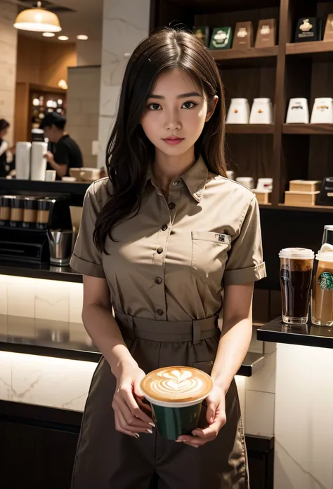 Alafard woman holding a cup of coffee at a Starbucks store, mysterious coffee shop girl, ( Waitress ) Girl, wearing rr diner uniform, wearing  shirt, Coveralls, girl in uniform, JK school uniform, Good morning, shirt, Handsome girl, elegant slim beige shir...