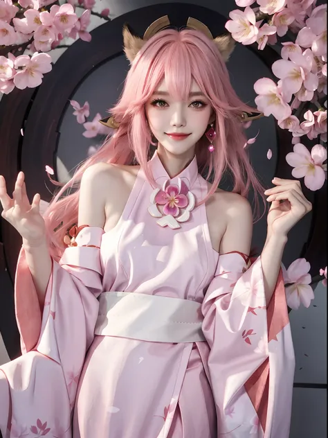 yae miko, 1girl, n/, animal ears, bare shoulders, blush, breasts, cherry blossoms, closed mouth, detached sleeves, earrings, fingernails, flower, fox ears, gem, hair between eyes, hair ornament, hand up, japanese clothes, jewelry, kimono, long hair, lookin...