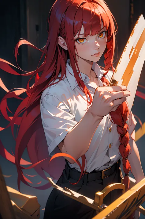 Masterpiece, (Photorealistic:1.4), Best quality, Beautiful lighting, makima (Chainsaw man), (Red hair)+(long braided hair)+(bangs), Yellow eyes, Golden eyes, (ringed eyes), (White shirt), (tiese),
RAW photo, 8K  UHD, filmgrain