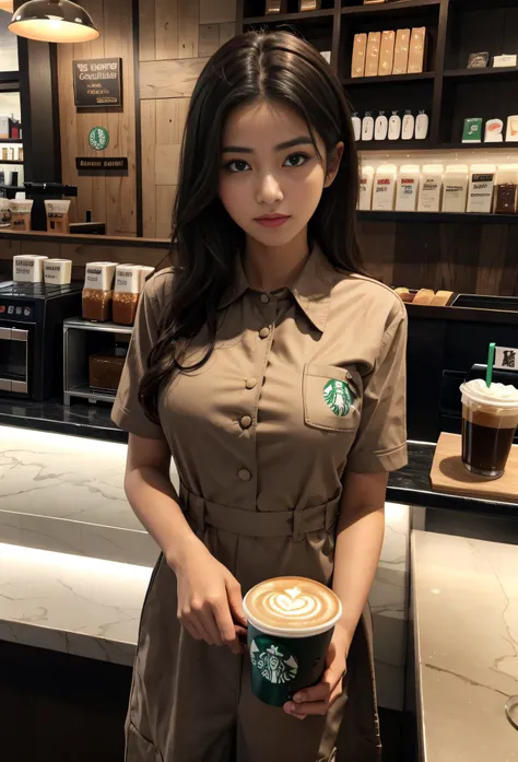 Alafard woman holding a cup of coffee at a Starbucks store, mysterious coffee shop girl, ( Waitress ) Girl, wearing rr diner uniform, wearing  shirt, Coveralls, girl in uniform, JK school uniform, Good morning, shirt, Handsome girl, elegant slim beige shir...