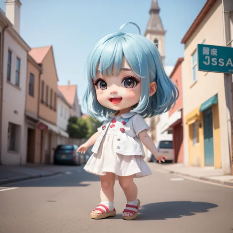 Cute baby chibi anime,（（（Super masterpiece、top-quality、ultra - detailed、1 girl in、tchibi：1.5）））、Squinted eyes，big laughter，having fun，exhilarated，Fashion Chibi、A fashion model、Wearing a white shirt and a long gray vest,espadrilles、Stylish city street backg...