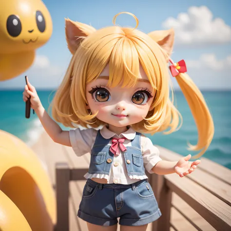 Cute baby chibi anime,（（（Super masterpiece、top-quality、ultra - detailed、1 girl in、tchibi：1.5）））、Fashion Chibi、A fashion model、Wearing a white shirt and a long gray vest,espadrilles、Ocean yacht on background、outside of house、The best smile、Looking at the ca...