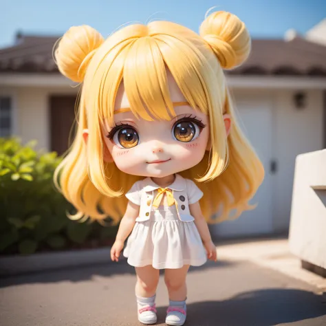 Cute baby chibi anime,（（（Super masterpiece、top-quality、ultra - detailed、1 girl in、tchibi：1.5）））、Fashion Chibi、A fashion model、Wearing a white shirt and a long gray vest,espadrilles、Ocean yacht on background、outside of house、The best smile、Looking at the ca...