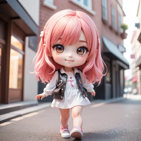 Cute baby chibi anime,（（（Super masterpiece、top-quality、ultra - detailed、1 girl in、tchibi：1.5）））、Fashion Chibi、A fashion model、Wearing a white shirt and a long gray vest,espadrilles、Stylish city street background、outside of house、The best smile、Looking at t...