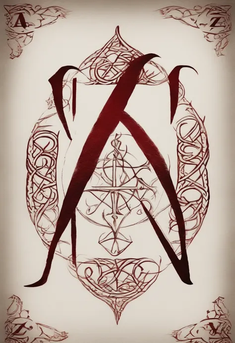 letters A, U, Z, O, V written on a white cloth, styled as sinister runes, nordic runes, written in dark red ink