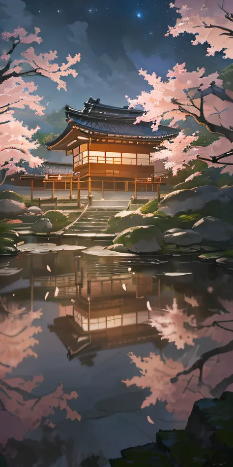 ((best quality)), ((masterpiece)), oil painting, (long unevenly placed white stones road between Japanese gardens full of Sakura trees in blossom with many small petals in the air and on the ground:1.1), overarching the route with small wooden fence on bot...