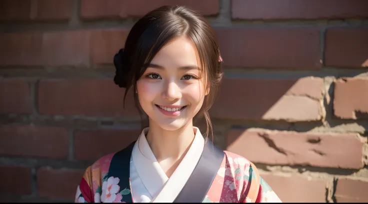 girl with, 独奏, a smile, Wearing a Japan kimono, Brick wall background, top-quality, ​masterpiece, Realistic, ultra-detailliert, natural soft light