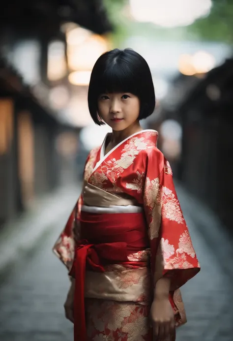 full bodyesbian, Wear colorful kimonos, 7 years old, 7 year old Japanese petite kid on a dark city street, Dark creepy streets, Petite girl, flatchest, Petite figure, Short black hair, Exposing the abdomen, midriff exposed, small tits, ((big breasts thin w...