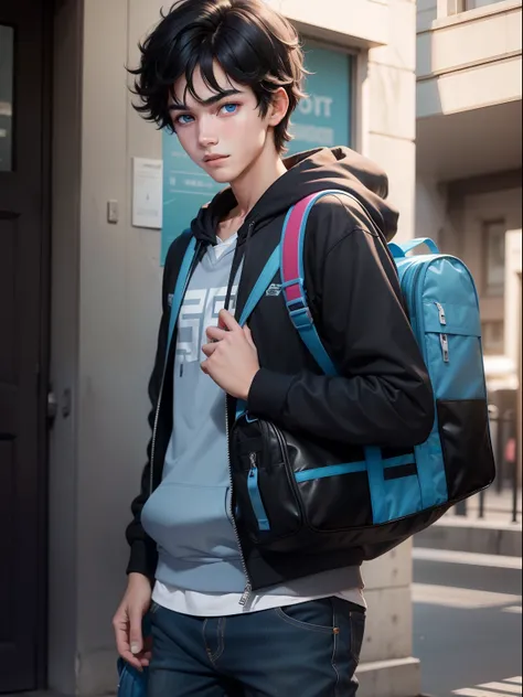 Teenage boy, black hair, delight face, smart, cool, with schoolbag, hoodie, light blue eyes, masterpiece, realistic,