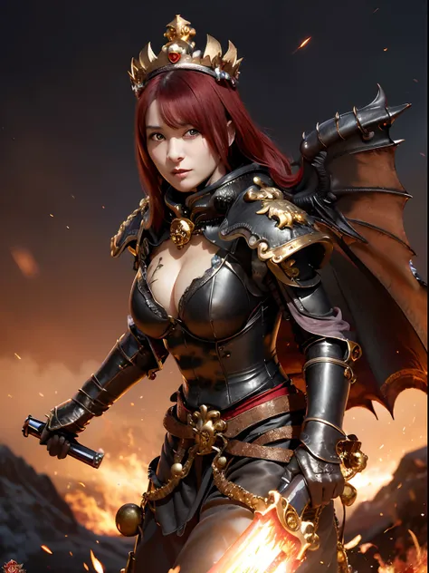 (masutepiece), Professional , ​masterpiece、top-quality、photos realistic , depth of fields （Gemstone Black Metal Body:1.4),(Matte Black、（cleavage of the breast）、Dragon Gold Weapon,Mystical expression、Particles of light、Fight dragons、（Dragon Metal Body:1.４),...