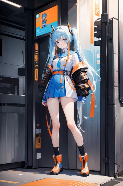 ​masterpiece，8K，超A high resolution，Detailed description，Smooth depiction，Accurate rendering，thirds rule，Light blue twin tails，skin whitening，12-year-old Western-style beautiful girl in anime style，Wearing a cyberpunk style uniform，orange colors，Metallic bo...