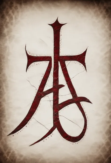 letters A, U, Z, O, V written on a white cloth, styled as sinister runes, nordic runes, written in dark red ink