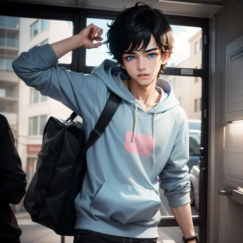 Teenage boy, black hair, delight face, smart, cool, with bag, hoodie, light blue eyes,