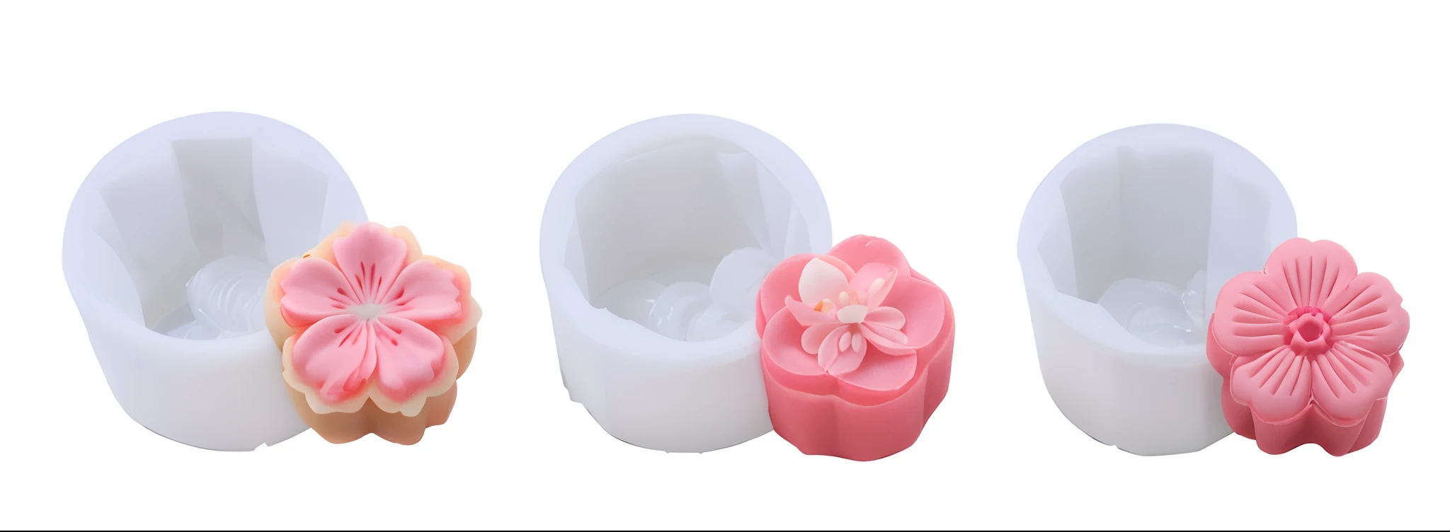 Three 5cm small Dim sum, hand pressed flower shaped Dim sum, light pink cherry blossom, five petal cherry blossom, Oshima cherry, and cakes decorated with white cherry flower embossing on the top --auto --s2