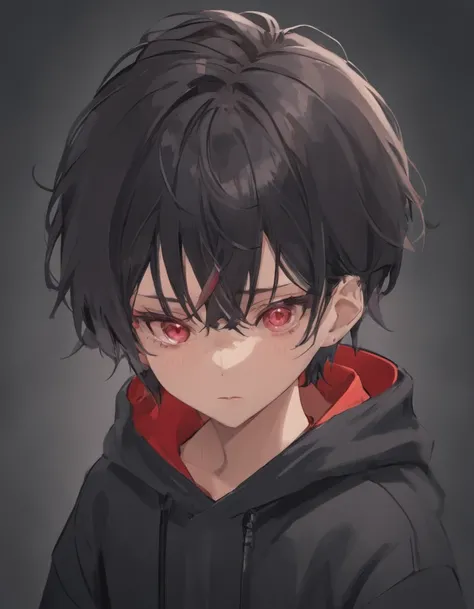 A young man in his 16s，with fair skin, Red eyes, Eye details high quality 4k，Black hair,Double bangs wear a hoodie，Sit in front of the computer，（（（tmasterpiece），（Very detailed CG unity 8k wallpaper），best qualtiy，独奏，1man，cinmatic lighting，detailed back grou...