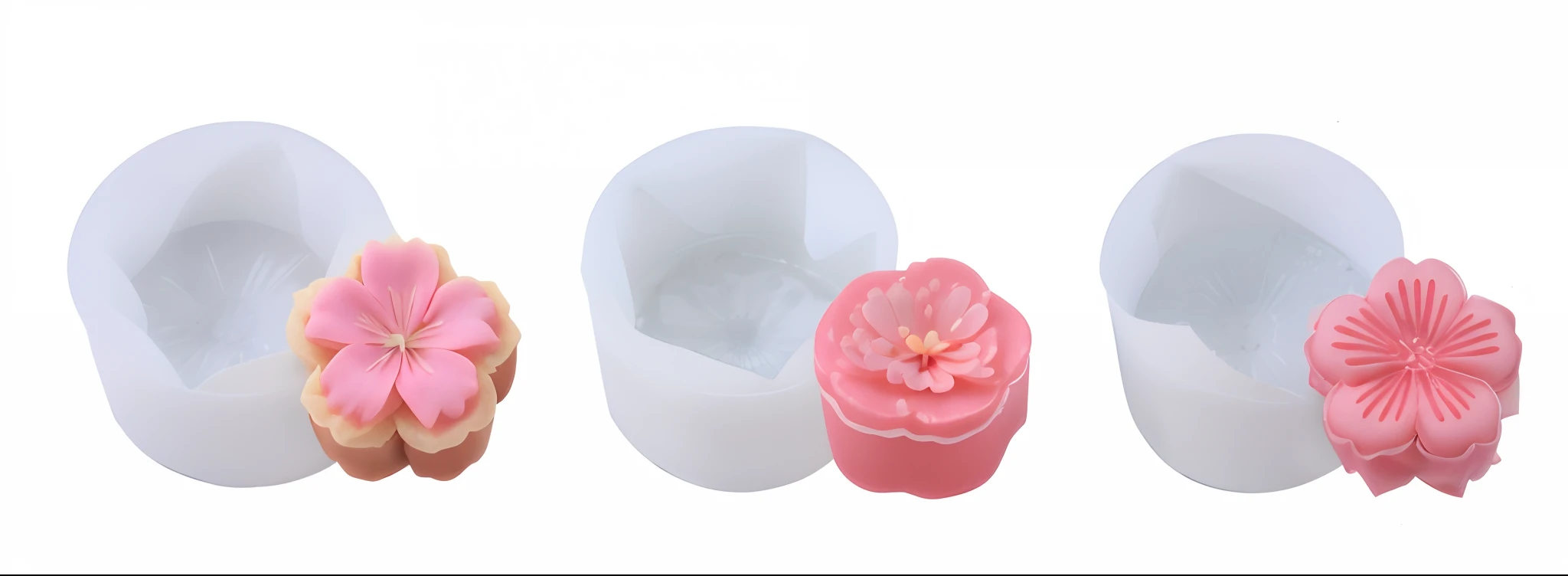 Three 5cm small Dim sum, hand pressed flower shaped Dim sum, light pink cherry blossom, five petal cherry blossom, Oshima cherry, and cakes decorated with white cherry flower embossing on the top --auto --s2