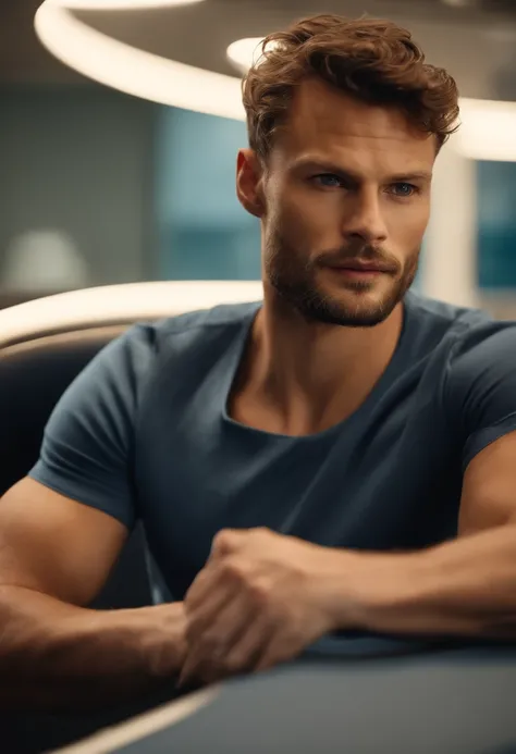 (Mann T-Shirt), ), (Bart tragen,) Attractive and serious appearance, braunes Haar, Stilvoll und elegant, shaved and strong body T-shirt, Man similar to actor Jamie Dornan, (High quality and realistic image), im Hintergrund Skandinavische Wohnung mit blauer...