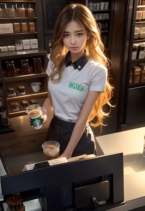 Araved woman standing behind a Starbucks counter with a drink, Mysterious Starbucks coffee shop girl, soda themed girl, Wearing a Starbucks uniform, ( Waitress ) trending at cgstation, , Anime girl in real life, trending on cgstation, At the counter, Cover...