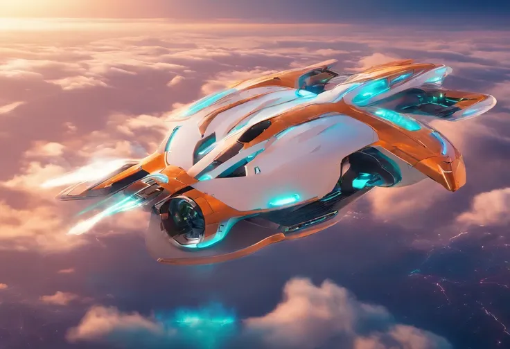 Futuristic aircraft, velocity, Super Flying Machine, with light glowing, design sense,Fly in the sky Ultra HD HDR 8K