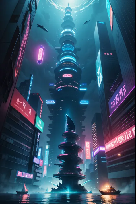 tmasterpiece，high high quality，city night scene，There are whales floating overhead，jelly fish，cyber punk perssonage