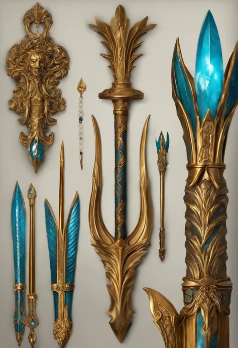 Poseidons weapons，Poseidon scepter，trident，Legendary equipment，well decorated,Close-up at medium range