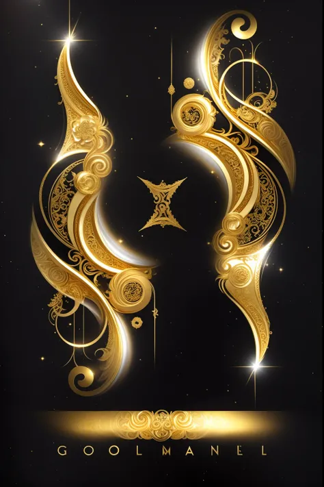 Close up of gold and black poster on black background, beautiful gemini good and evil, intricate gold elements, beautiful gemini twins portrait, Beautiful Gemini twins, 8 intricate golden tenticles, ornate galactic gold, baroque marble and gold in space, G...